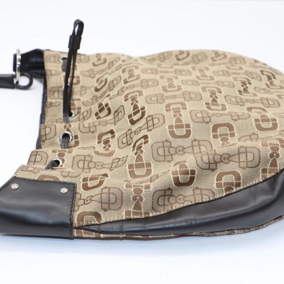 Gucci Horsebit Drawstring Hobo Canvas Leather Trim - Brown - Picture 7 of 16